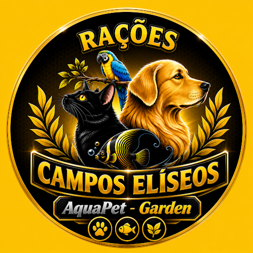 Logo Rações Campos Elíseos AquaPet Garden, com cachorro, gato, arara e peixe